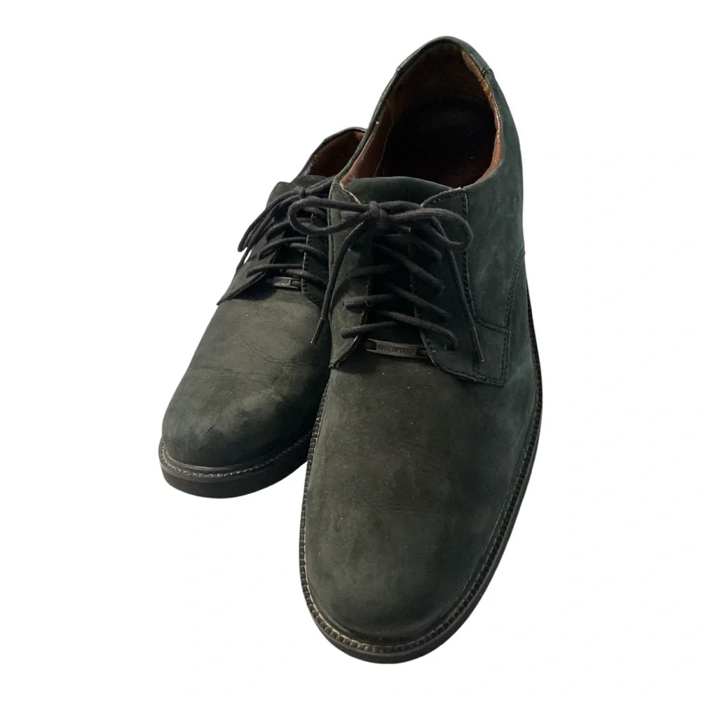 CLARKS Green Suede Oxfords Mens Sz 12 Gray Waterproof Lace up Preppy Derby Shoes